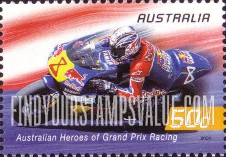FindYourStampsValue: Grand Prix Motorcycle Racing: Garry McCoy (motorcycle #8, yellow orange panel)