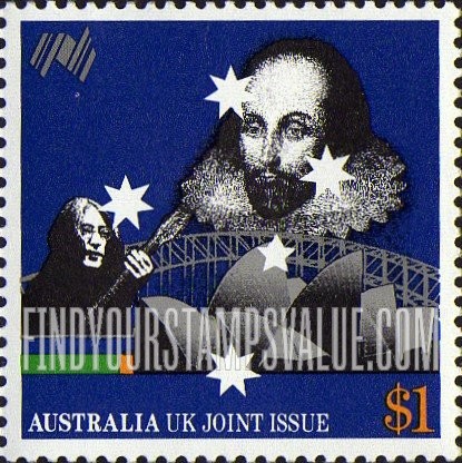 FindYourStampsValue: Australia Bicentennial: John Lennon (1940-1980), William Shakespeare (1564-1616) and Sydney Opera House