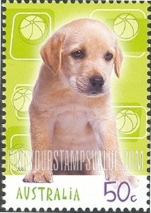 FindYourStampsValue: Cats and Dogs: Labrador retriever puppy (ball background)