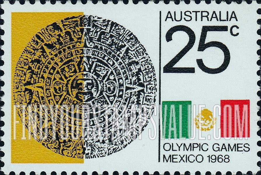 FindYourStampsValue: Aztec calendar stone and Mexican flag, horizontal