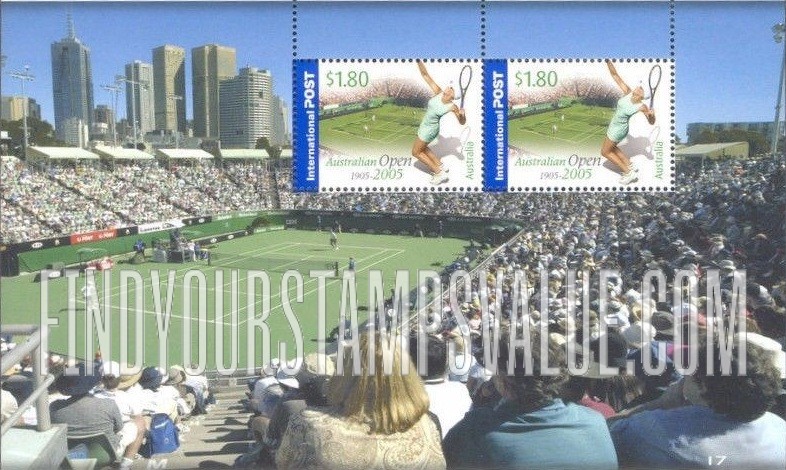 FindYourStampsValue: Australian Tennis Open, Centennial: Female player, tennis court and stands, 2005