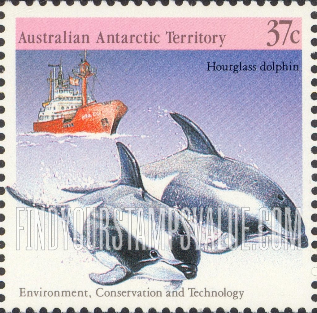 FindYourStampsValue: AUSTRALIAN ANTARCTIC TERRITORY - Environment, Conservation and Technology: Hour-glass dolphins and the Nella Dan