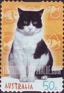 FindYourStampsValue: Cats and Dogs: Cat (fish background)