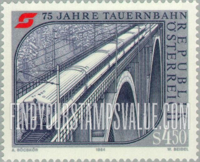 FindYourStampsValue: Falkenstein Bridge, Railroad Anniversarie: Tauern, 75th