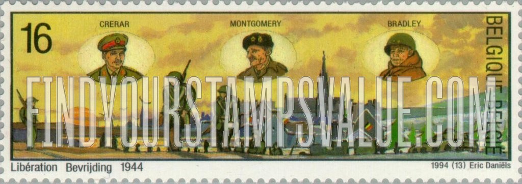 FindYourStampsValue: Liberation of Belgium, 50th Anniversary: General Crerar, Field Marshal Montgomery, General Bradley, Belgium landscape, Illustration reduced