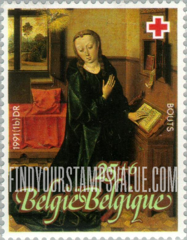 FindYourStampsValue: Semi-Postal, Belgian Red Cross, Details from paintings: The Annunciation by Dirk Bouts
