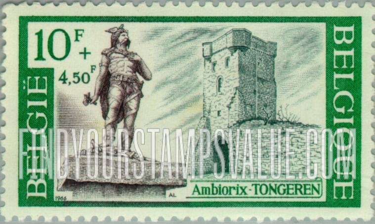 FindYourStampsValue: Semi-Postal: Statue of Ambiorix by Jules Bertin, and tower, Tongeren