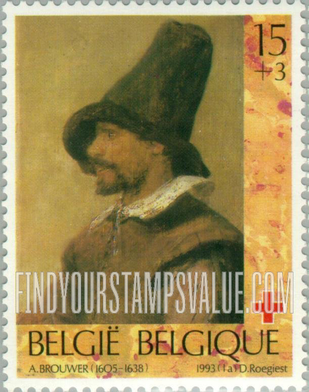 FindYourStampsValue: Semi-Postal, Belgian Red Cross, Paintings: Man with the Pointed Hat, by Adriaen Brouwer (1605-1638)