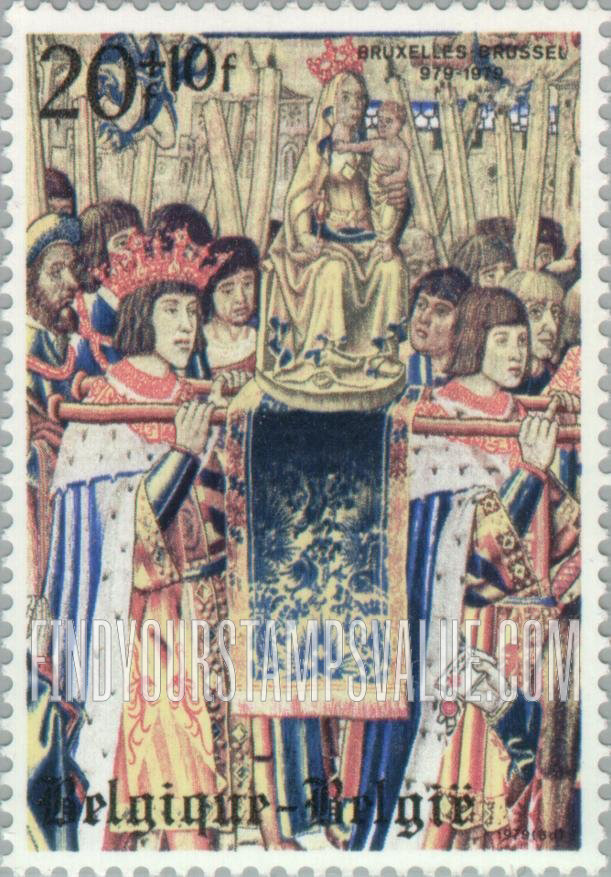 FindYourStampsValue: Semi-Postal, Details from Tapestries, 1516-1518, Showing Legend of Our Lady of Sand: Statue carried in procession by future Emperor Charles V and his brother Ferdinand