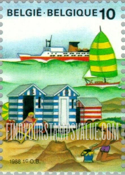 FindYourStampsValue: The Sea: Cruise ship, sailboat, beach and cabana