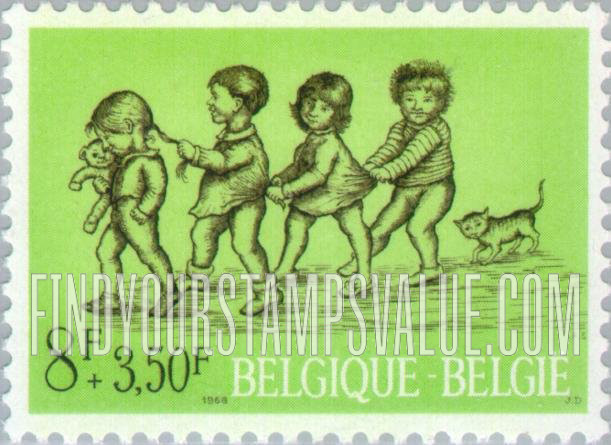 FindYourStampsValue: Semi-Postal: Four children at play and cat