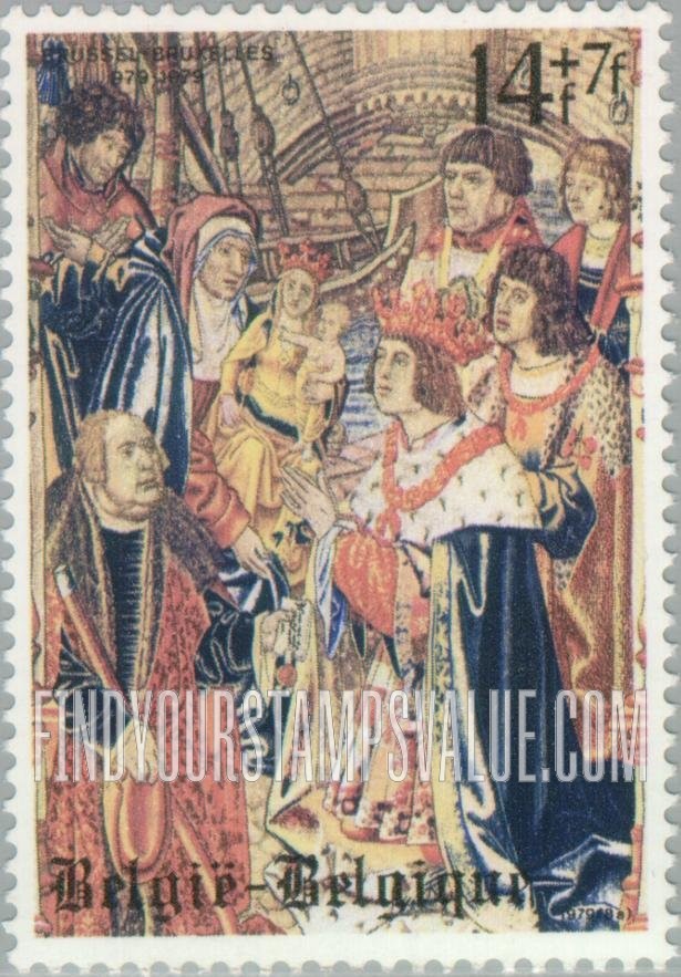 FindYourStampsValue: Semi-Postal, Details from Tapestries, 1516-1518, Showing Legend of Our Lady of Sand: Arrival of statue, Francois de Tassis and Philip the Fair