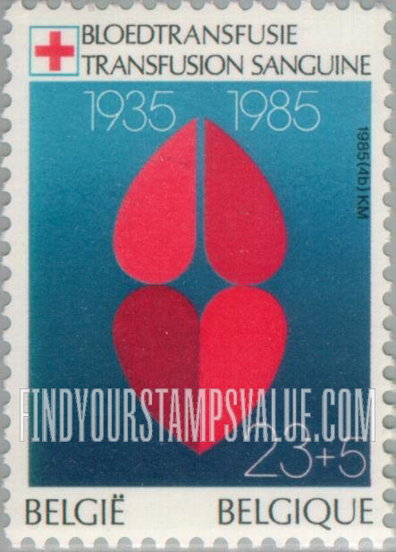 FindYourStampsValue: Semi-Postal: Belgian Red Cross Blood Transfusion Service, 50th Annuversary, Hearts