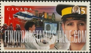 FindYourStampsValue: Royal Canadian Mounted Police: Female mountie, helicopter, cityscape