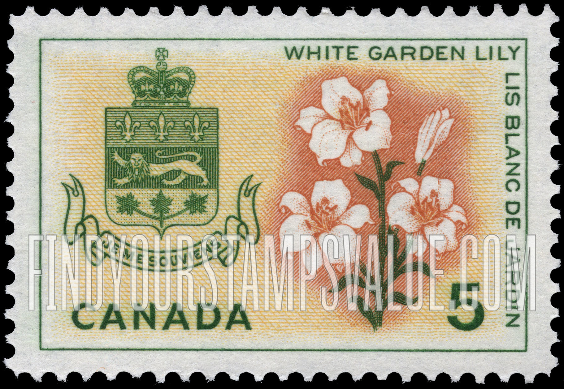 FindYourStampsValue: White garden lily and arms of Quebec
