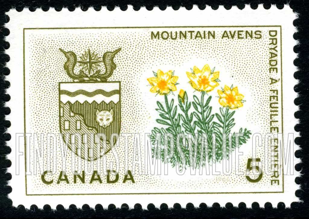 FindYourStampsValue: Mountain avens and arms of Northwest Territories