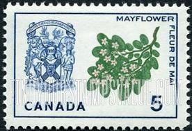 FindYourStampsValue: Mayflower (trailing arbutus) and arms of Nova Scotia