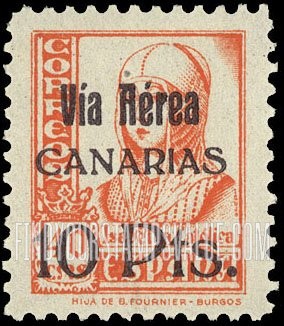 FindYourStampsValue: Revolutionary Overprints, Nationalist (Revolutionary) Forces, Canary Islands Air Post, Use via the Lufthansa Service: Isabella I
