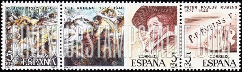 FindYourStampsValue: Rape of Sabine Women, by Rubens, Rape (detail) and Rubens portrait, Rubens signature and palette