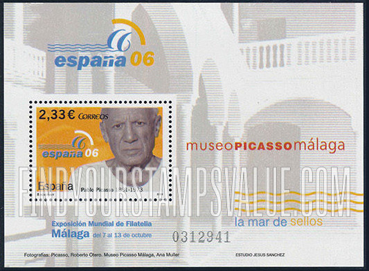 FindYourStampsValue: España 06 World Philatelic Exhibition, Malaga: Exhibition emblem and Pablo Picasso (1881-1973), artist