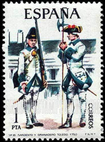 FindYourStampsValue: Sergeant and grenadier, Toledo Regiment, 1750