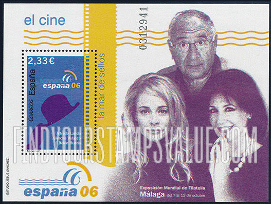 FindYourStampsValue: España 06 World Philatelic Exhibition, Malaga: Exhibition emblem and Silhouette of hat and hand (cinema)