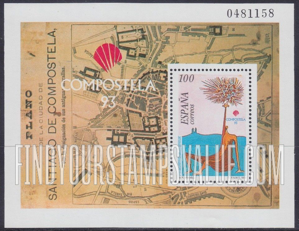 FindYourStampsValue: Compostela ’93: Pilgrim under star tree while on way to Santiago de Campostela