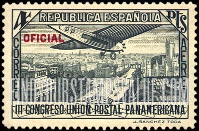 FindYourStampsValue: Air Post Official: Pan-American Postal Union Congress, Plane over Calle de Alcalá, Madrid