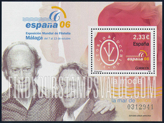 FindYourStampsValue: España 06 World Philatelic Exhibition, Malaga: Exhibition emblem and Emblem of Vitorio & Lucchino, fashion designers