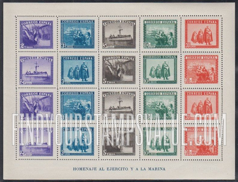 FindYourStampsValue: Semi-Postal: Spanish State, Flag bearer, Battleship “Admiral Cervera”, Soldiers in trenches, Moorish guard