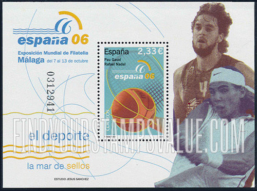 FindYourStampsValue: España 06 World Philatelic Exhibition, Malaga: Exhibition emblem and Tennis racquet and basketball