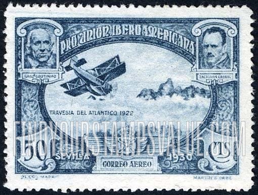 FindYourStampsValue: Air Post: Spanish-American Exhibition, Sacadura Cabral and Gago Coutinho and Their Airplane