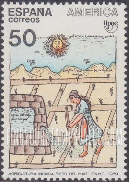 FindYourStampsValue: UPAE emblem and “Irrigating Corn Field in November, 17th Century,” an illustration from the New Chronicle and Good Government, by Guaman Poma de Ayala