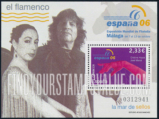 FindYourStampsValue: España 06 World Philatelic Exhibition, Malaga: Exhibition emblem and Hand (flamenco dancing)