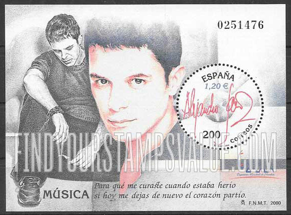 FindYourStampsValue: España 2000 International Philatelic Exhibition, Signature of Alejandro Sanz, singer: Illustration reduced