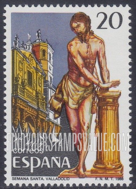 FindYourStampsValue: Passion Week in Valladolid and Malaga: Valladolid Cathedral and 17th cent. statue of Christ at the column by Gregorio Fernandez