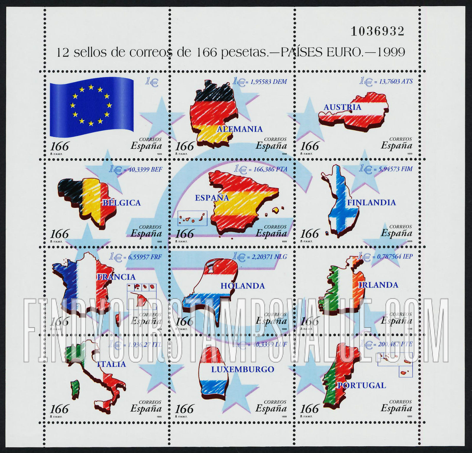 FindYourStampsValue: Introduction of the Euro, European Union flag, Map: Germany, Austria, Belgium, Spain, Finland, France, Netherlands, Ireland, Italy, Luxembourg, Portugal