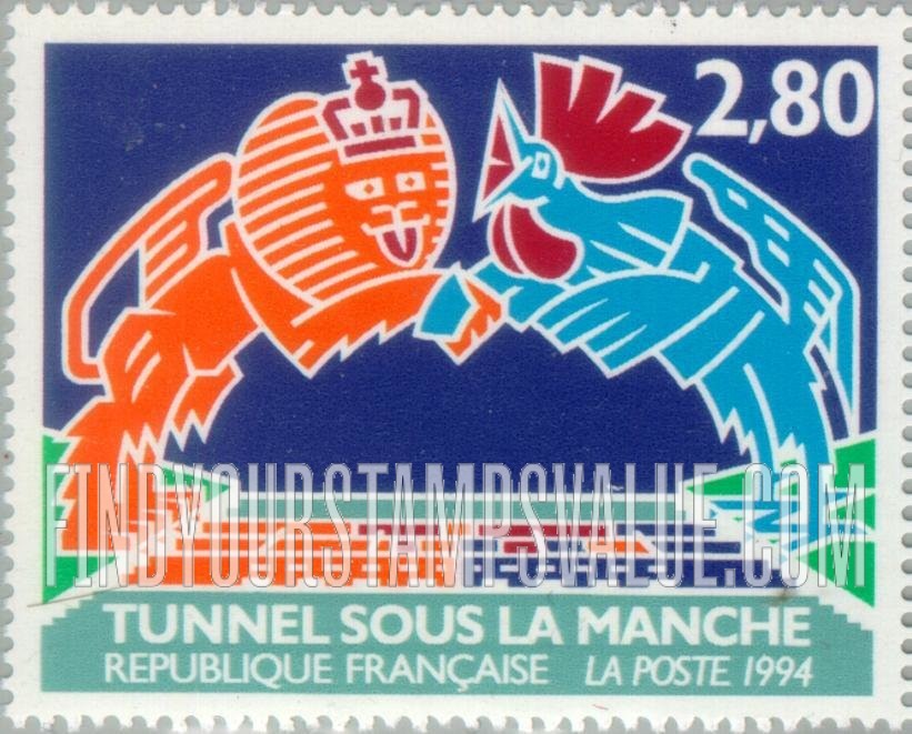 FindYourStampsValue: Opening of Channel Tunnel: British lion, French rooster, meeting over Channel