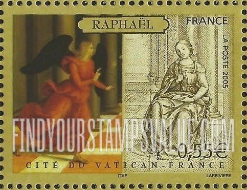 FindYourStampsValue: The Annunciation, by Raphael: Painting of Angel, drawing of Virgin Mary