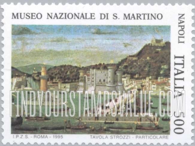 FindYourStampsValue: National Treasures: Painting of Port of Naples, by Tavola Strozzi, National Museum of San Martino, horizontal