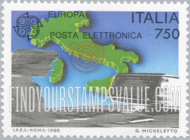 FindYourStampsValue: Europa 1988: Electronic mail, map of Italy