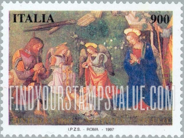 FindYourStampsValue: Christmas: Fresco, from Baglioni Chapel, St. Mother Mary Church, Spello