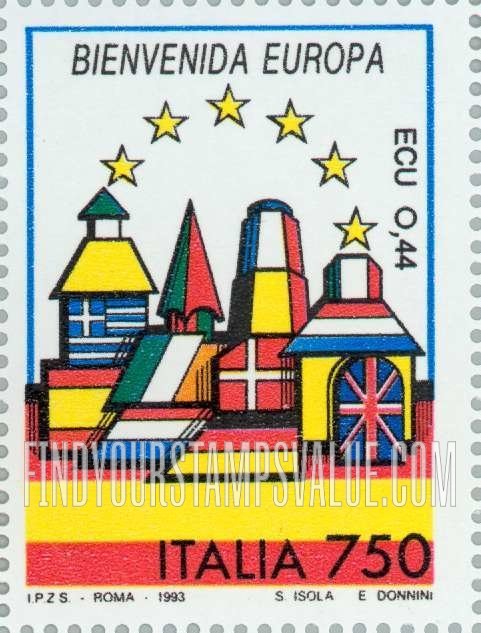 FindYourStampsValue: Buildings on national flags, inscriptions in native language: Spain (Bienvenida)