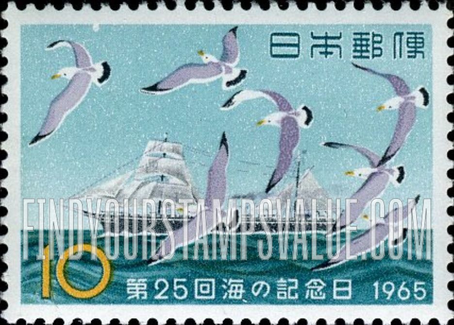 FindYourStampsValue: Meiji Maru, Black-tailed Gulls - 明治丸とかもめ