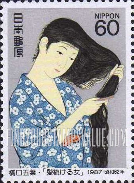 FindYourStampsValue: Woman with a Comb, by Goyo Hashiguchi - 橋口五葉「髪梳ける女」