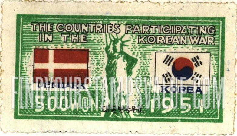 FindYourStampsValue: Flags of Denmark and Korea and Statue of Liberty - 덴마크와 대한민국의 국기와 자유의 여신상