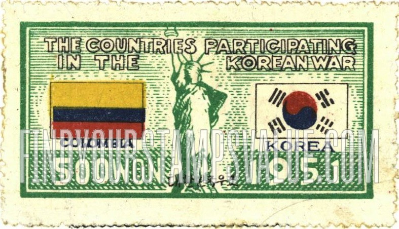 FindYourStampsValue: Flags of Colombia and Korea and Statue of Liberty - 콜롬비아와 대한민국의 국기와 자유의 여신상