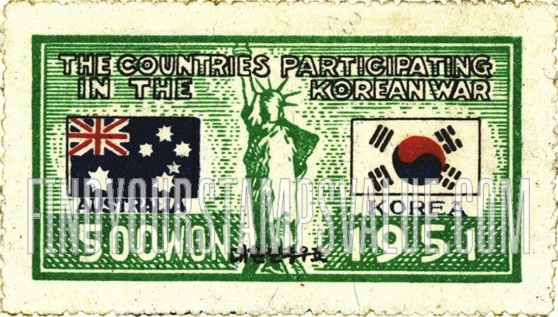 FindYourStampsValue: Flags of Australia and Korea and Statue of Liberty - 오스트레일리아와 대한민국의 국기와 자유의 여신상