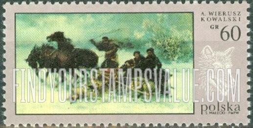 FindYourStampsValue: Hunt Paintings: Wolves’ Raid, by A. Wierusz-Kowalski