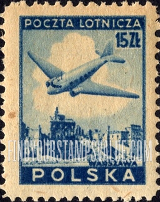 FindYourStampsValue: AIR POST - Douglas Plane over Ruins of Warsaw